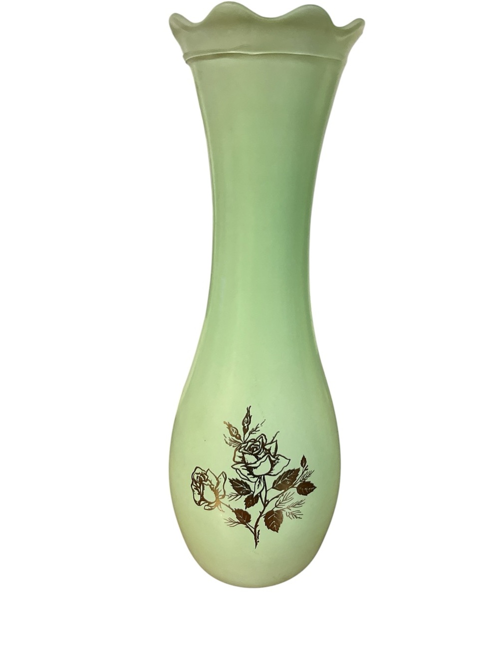 Vintage Green Glass Vase With Gold Etched Roses